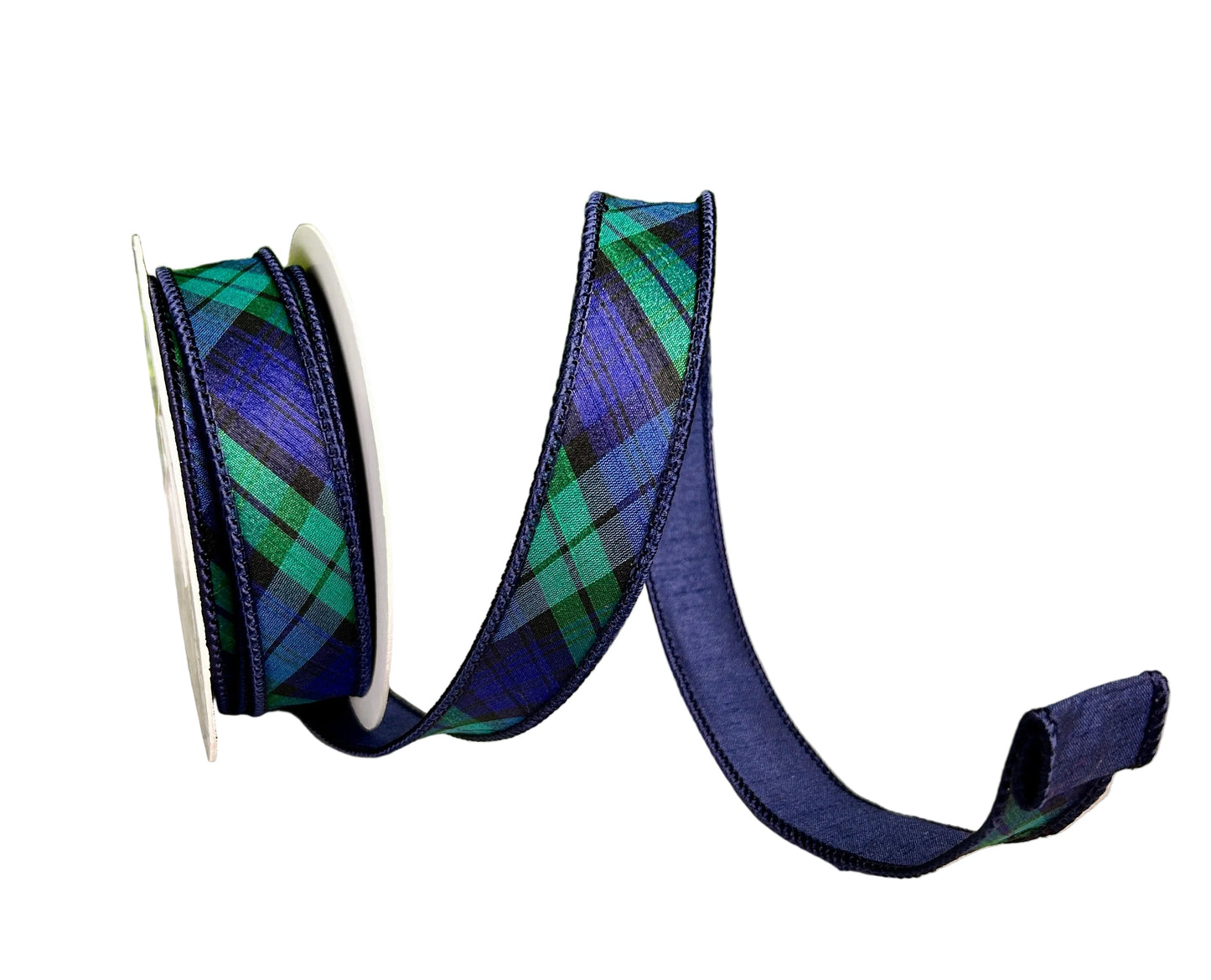 David Christopher 1 Inch By 10 Yard Navy Blue and Evergreen Plaid Ribbon