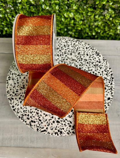 2.5 Inch By 10 Yard Three Tone Copper Horizontal Glitter Stripes Ribbon