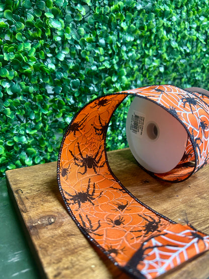 2.5 Inch By 10 Yard Black Glitter Spiders And Webs Halloween Ribbon