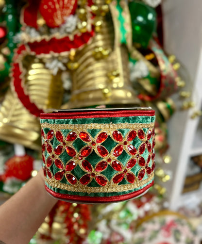 John Mark 4 Inch By 5 Yard Green Velvet Red Floret Center Ribbon