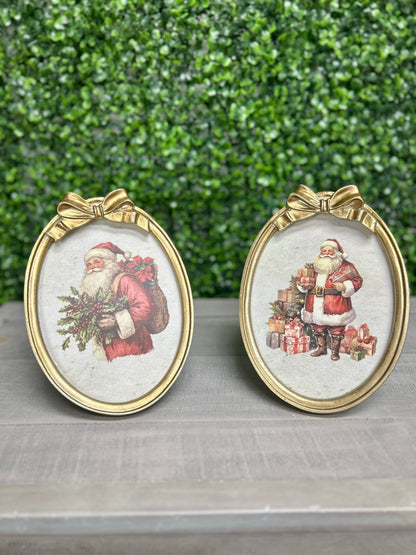 7.88 Inch Resin And Wood Oval Santa Plaque With Bow And Easel Two Styles