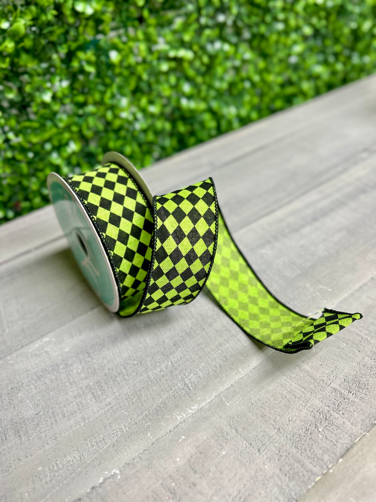 1.5 Inch By 10 Yard Lime Green And Black Small Harlequin On Royal Ribbon