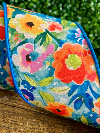 D. Stevens 4 Inch By 10 Yard Orange Blue And Green Watercolor Floral Garden Dupioni Ribbon