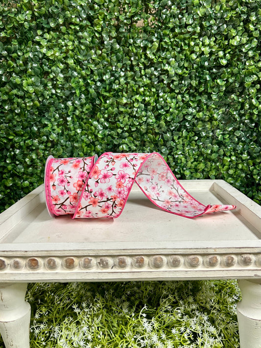 2.5 Inch White Pink And Peach Cherry Blossoms Ribbon