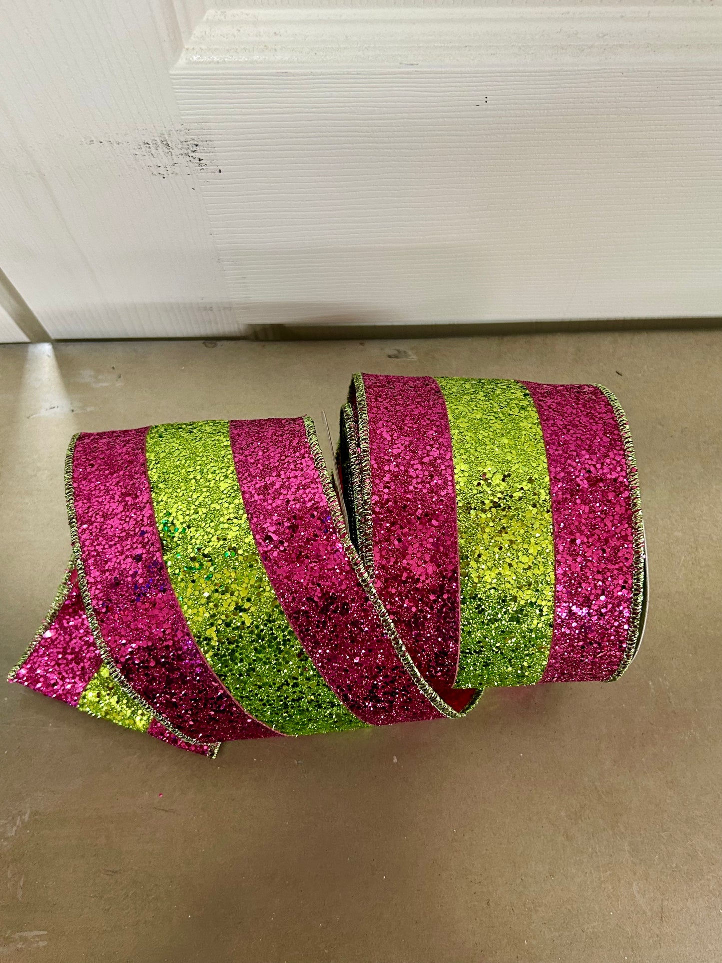 4 Inch By 10 Yard Fuchsia And Lime Large Glitter Stripe Ribbon