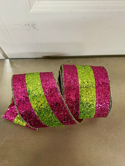 4 Inch By 10 Yard Fuchsia And Lime Large Glitter Stripe Ribbon
