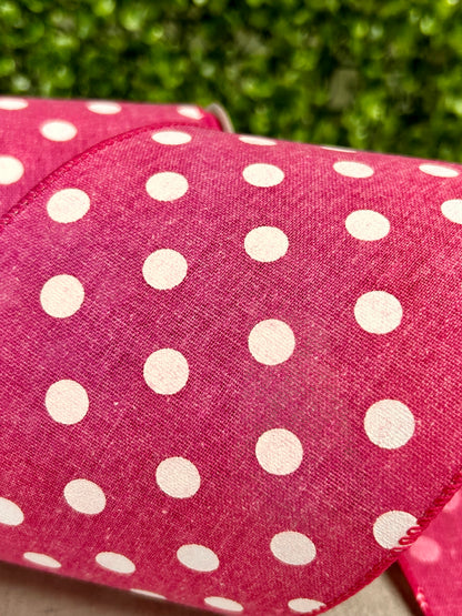 4 Inch By 10 Yard Fuchsia Polka Dot Linen Ribbon