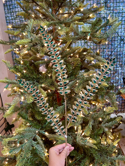 34.5 Inch Green Glittered Rhinestone Mini Leaf Spray