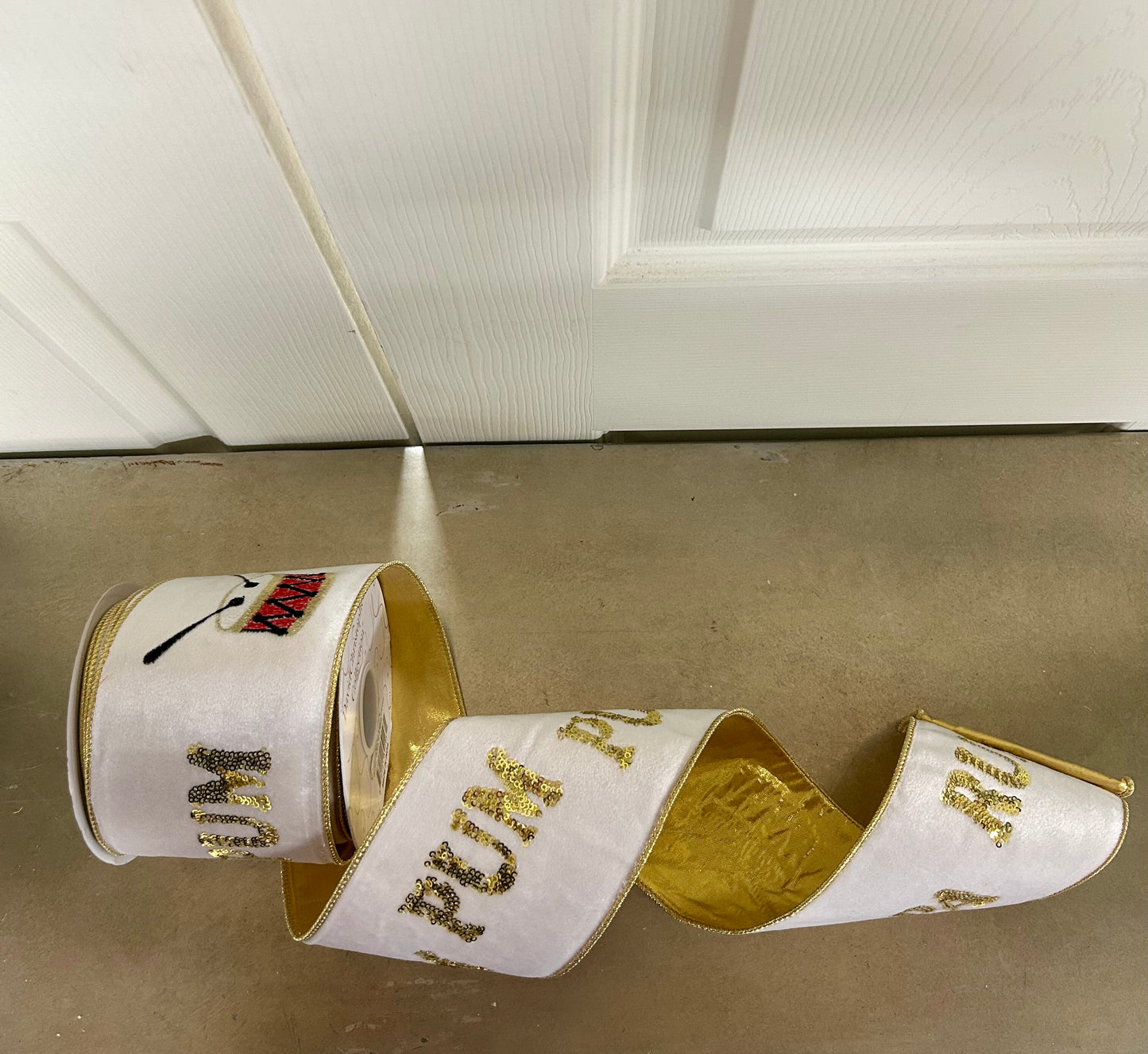 4 Inch By 10 Yard Pa Rum Pum Pum Gold Sequin Embroidery With Drum On Ivory Velvet Ribbon