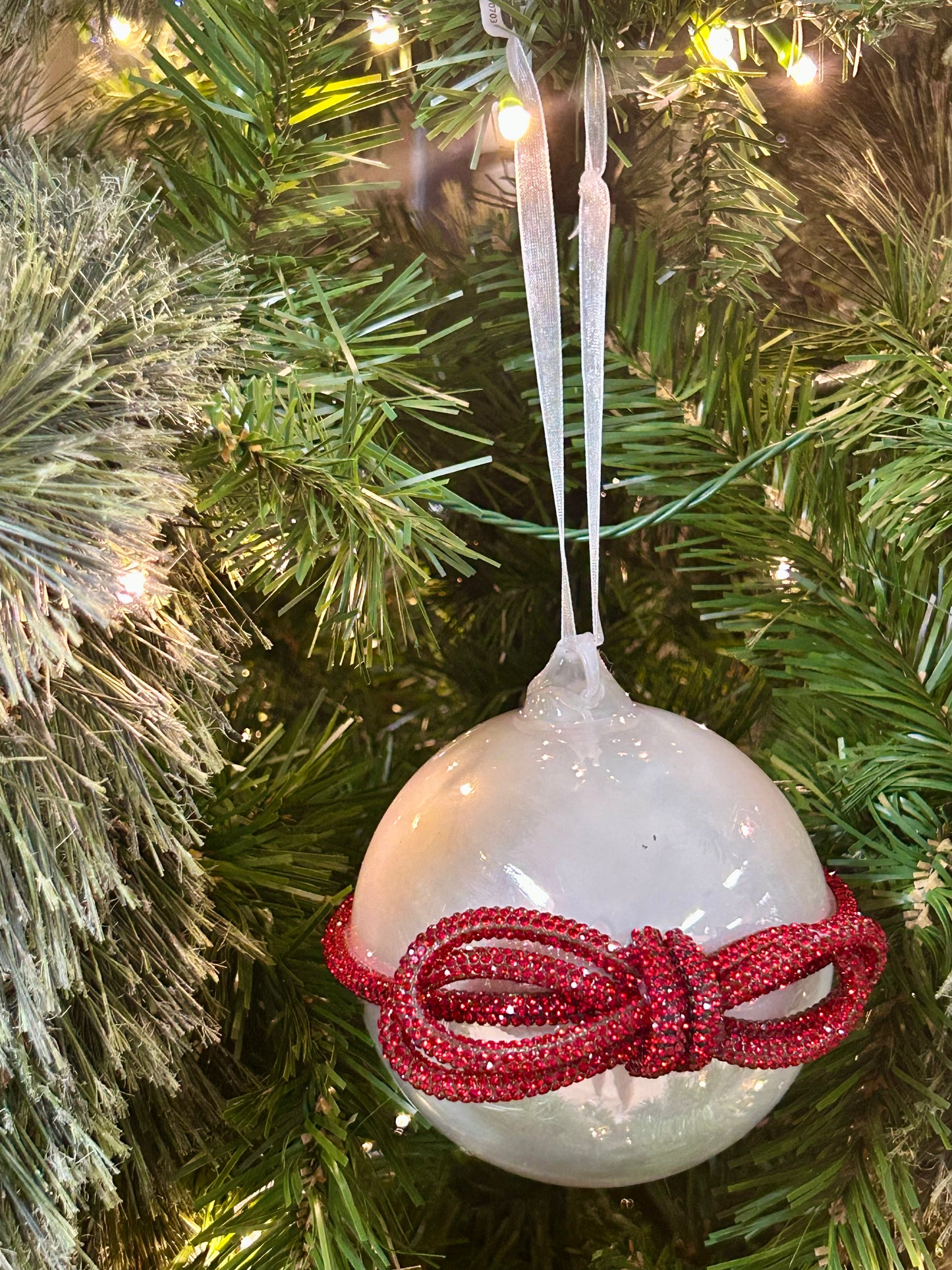 4 Inch Pearl White Glass Ball Ornament With Red Diamond Bow