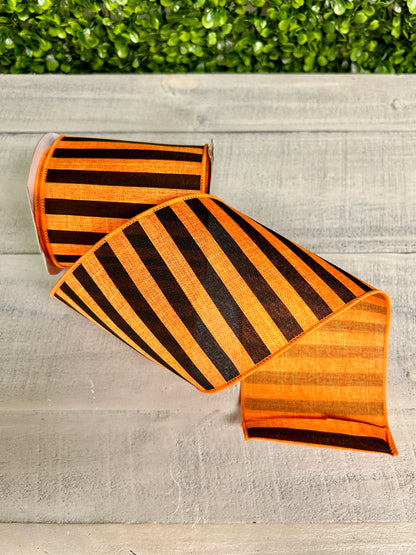 4 Inch By 10 Yard Orange And Black Medium Horizontal Stripe On Royal Ribbon