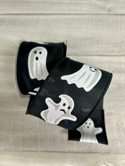 2.5 Inch By 10 Yard Black And White Ghosts Ribbon