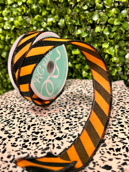 7/8 Inch By 10 Yard Orange And Black Diagonal Glitter Stripe Ribbon