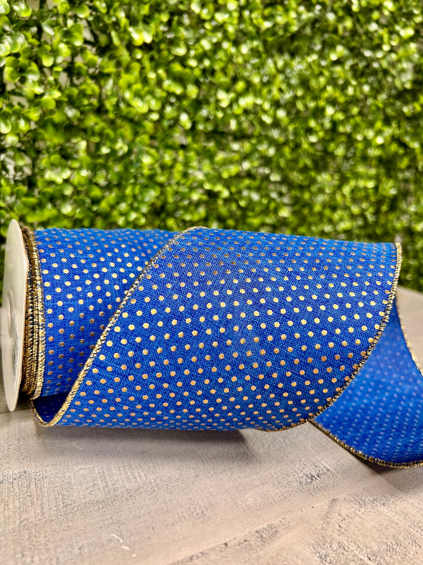 4 Inch By 10 Yard Royal Blue And Gold Swiss Dots Ribbon