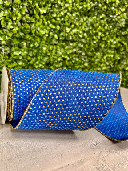 4 Inch By 10 Yard Royal Blue And Gold Swiss Dots Ribbon