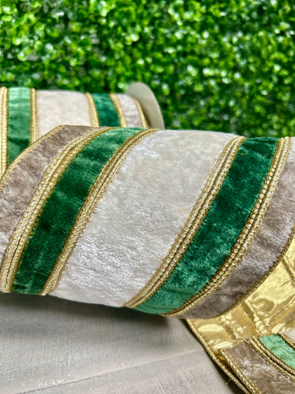John Mark 6 Inch By 10 Yard Stripe Gray Green White Velvet Metallic Dupioni Ribbon