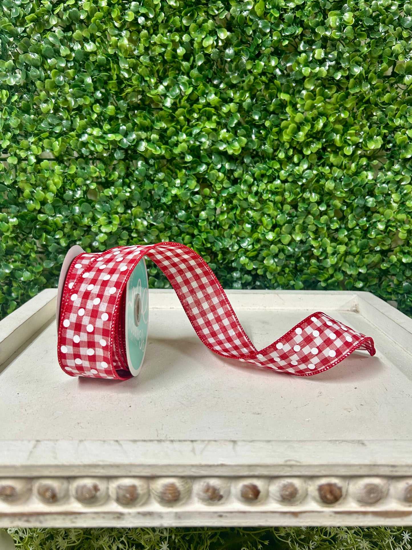 1.5 Inch By 10 Yard Red And White Small Polka Dots On Gingham Check Ribbon