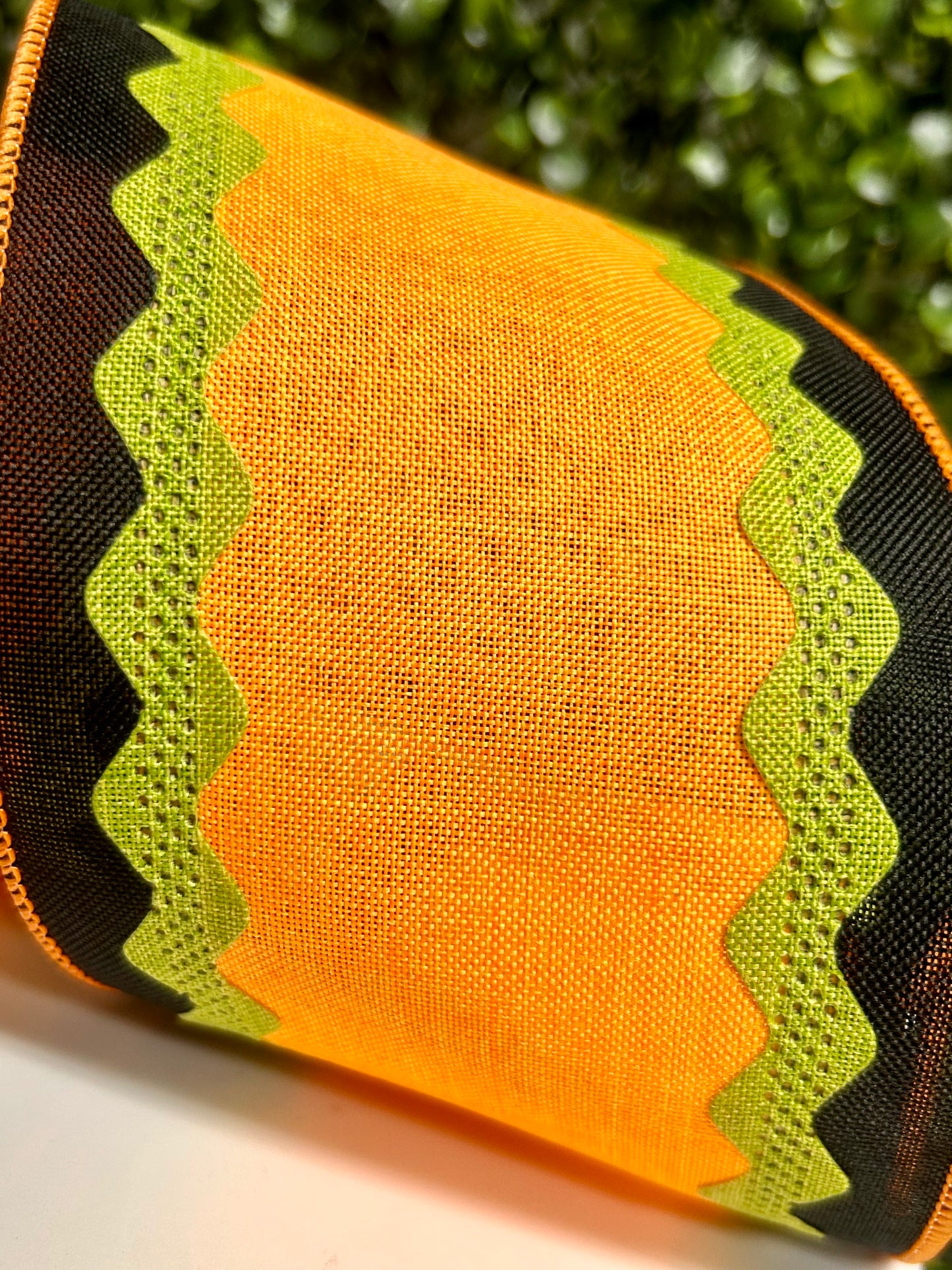 4 Inch By 10 Yard Orange Black And Lime Ricrac On Royal Burlap Ribbon