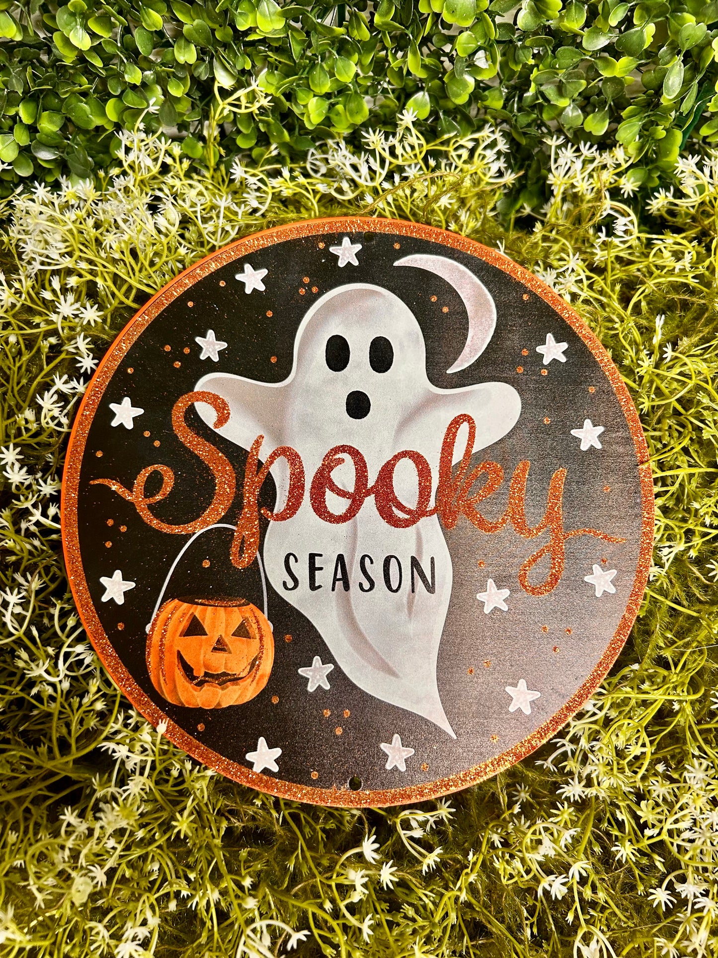 8 Inch Glitter Spooky Ghost Metal Sign