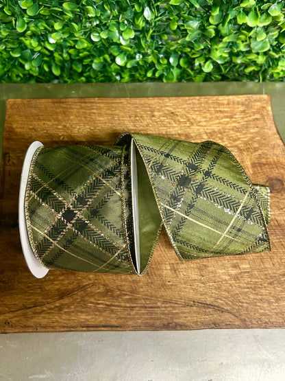 2.5 Inch By 10 Yard Green And Gold Christmas Plaid Ribbon