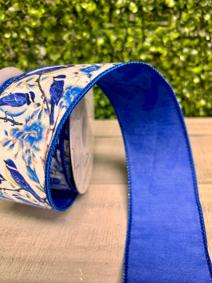 David Christopher 2.5 Inch By 10 Yard Chinoiserie Birds Ribbon With Blue Back Ribbon