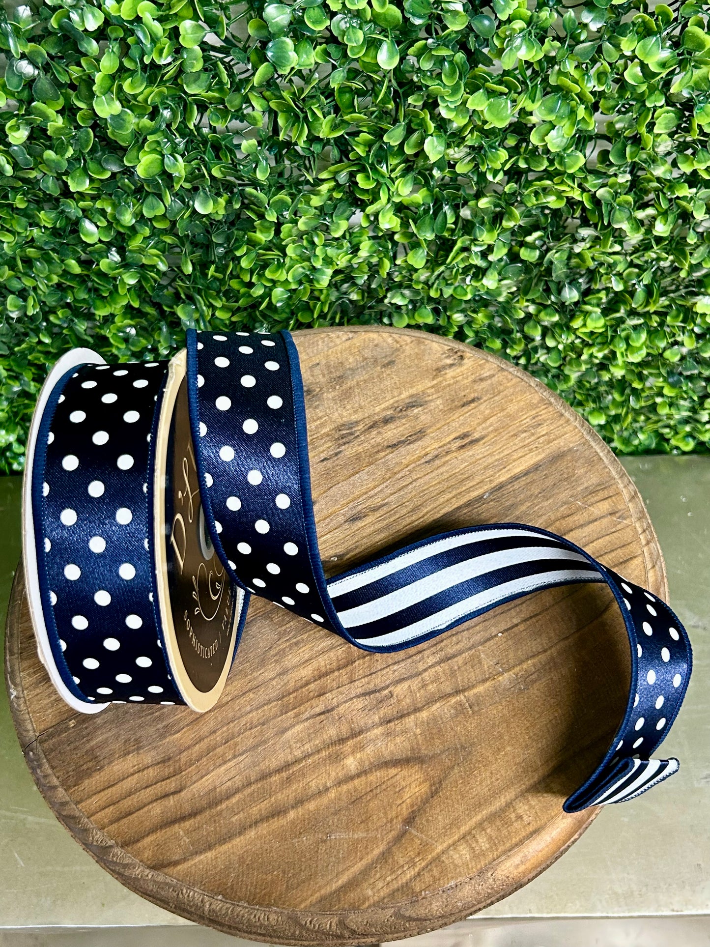 1.5 Inch By 10 Yards Navy Blue And White Polka Dot With Stripe Backing Fused Ribbon