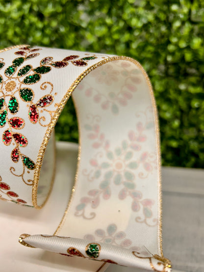 2.5 Inch By 10 Yard Ivory Red Emerald And Gold Ornate Loop Diamond Ribbon