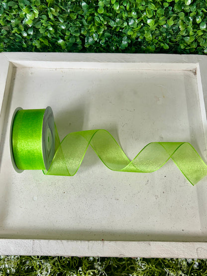 1.5 Inch By 25 Yard Apple Green Snow Organza Unwired Ribbon