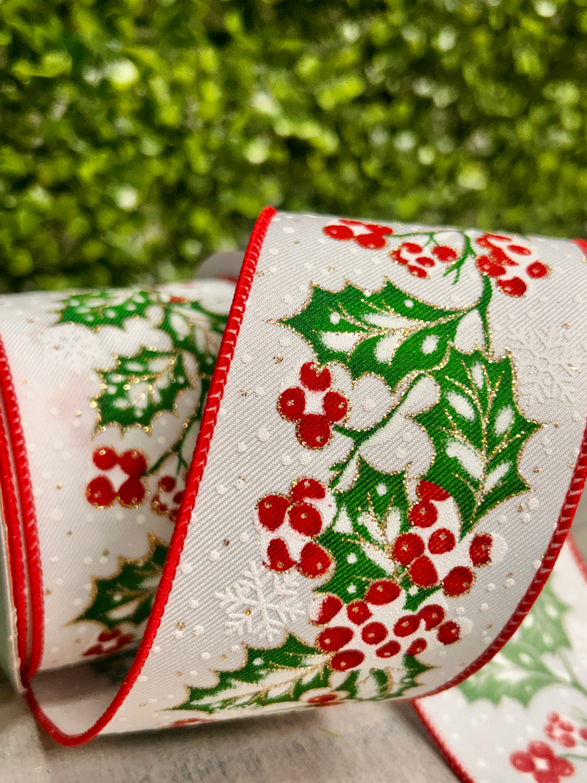 2.5 Inch By 10 Yard Holly Berries In Snow Ribbon