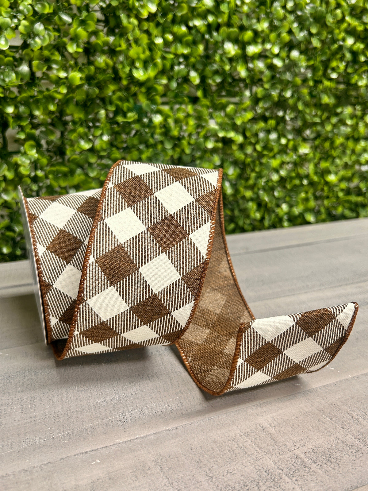 2.5 Inch By 10 Yard Brown And Ivory Diagonal Check On Royal Ribbon