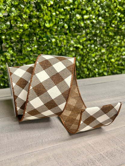 2.5 Inch By 10 Yard Brown And Ivory Diagonal Check On Royal Ribbon