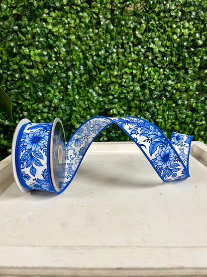 1.5 Inch By 10 Yard Blue And White Chinoiserie Florals Ribbon