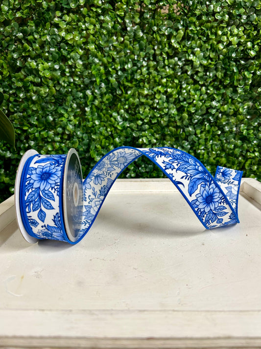 1.5 Inch By 10 Yard Blue And White Chinoiserie Florals Ribbon