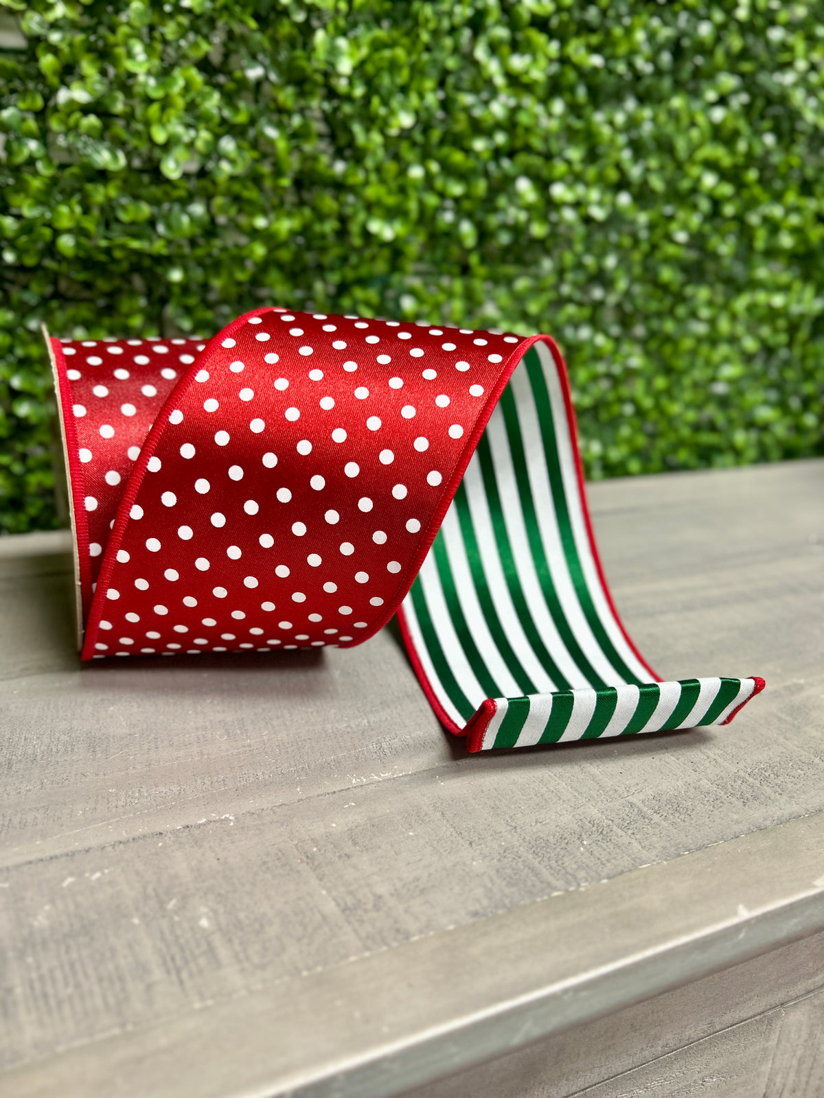 4 Inch By 10 Yard Red And White Polka Dot With Emerald And White Stripe Backing Fused Ribbon