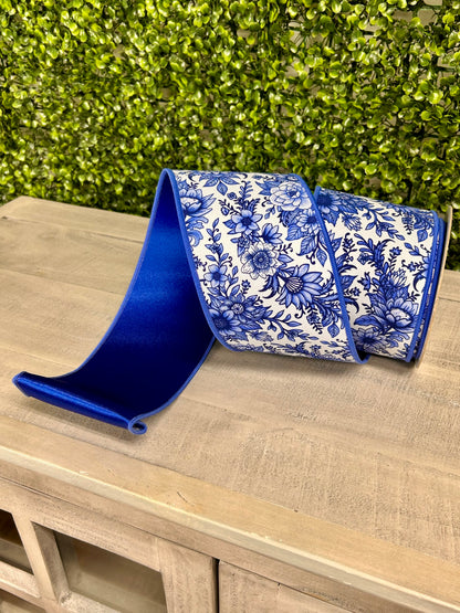4 Inch By 10 Yard Blue And White Chinoiserie Floral Fused Ribbon