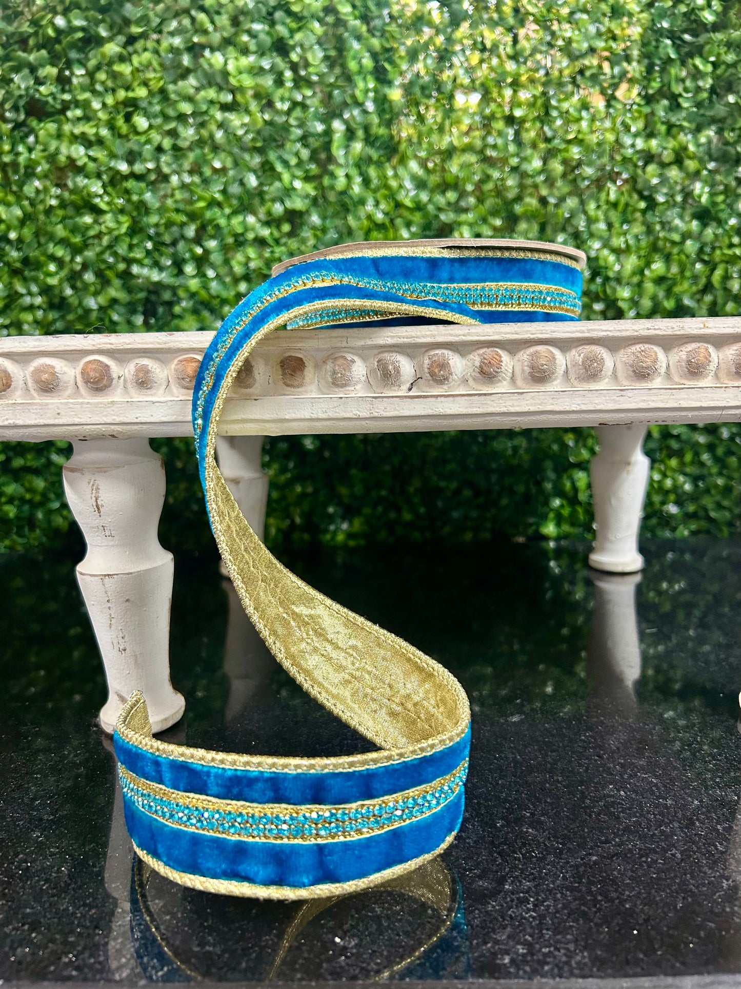 1.5 Inch By 5 Yards Teal And Gold Velvet With Jewel Center Ribbon