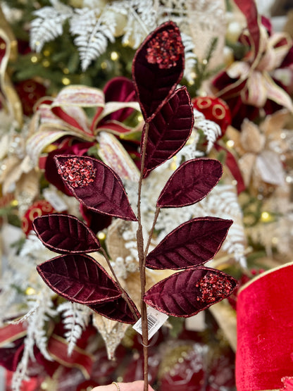 27 Inch Burgundy Velvet And Glitter Magnolia Leaf Spray