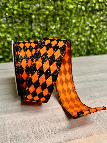 1.5 Inch By 10 Yard Orange And Black Glitter Harlequin Ribbon