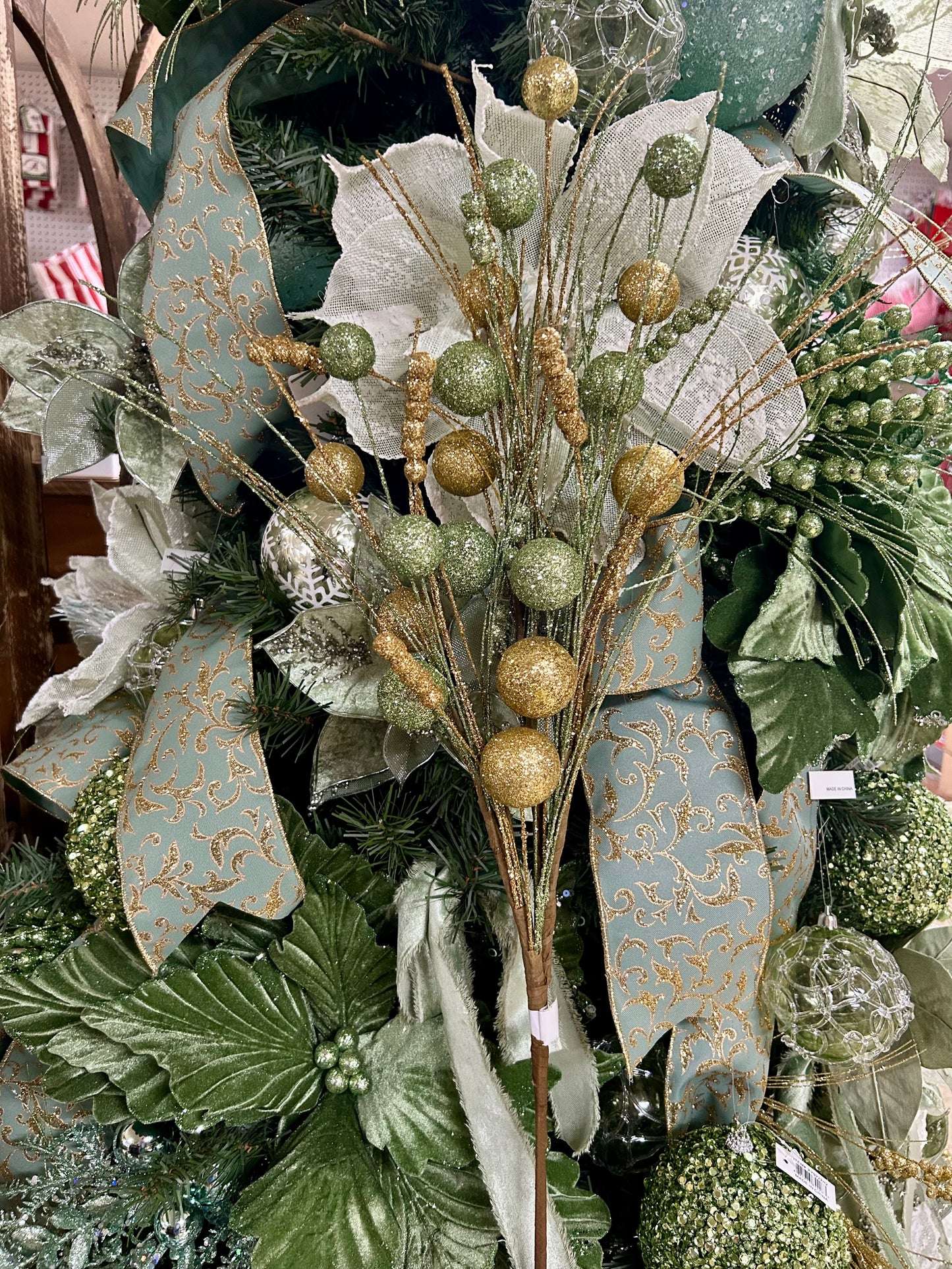 35 Inch Sage Green And Gold Ball And Bead Spike Spray