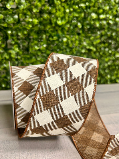 2.5 Inch By 10 Yard Brown And Ivory Diagonal Check On Royal Ribbon