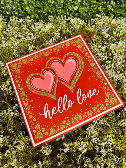 10 Inch Red And White Double Heart Hello Love Glitter Wood Sign