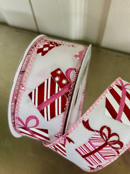 1.5 Inch By 10 Yard Red And Pink Wrapped Gifts On White Background Ribbon