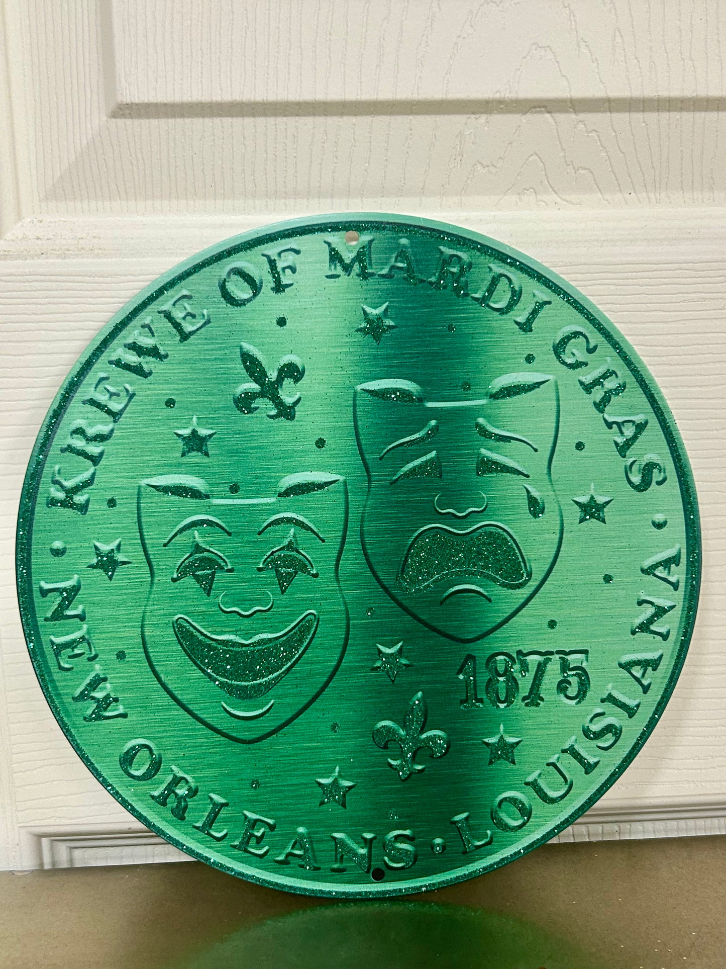8 Inch Emerald Green Glitter Mardi Gras Masks Coin Sign