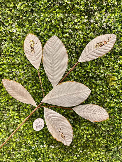 26 Inch Cream And Gold Velvet Sequin Magnolia Leaf Spray