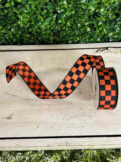 1.5 Inch By 10 Yard Dark Orange And Black Glitter Check Ribbon