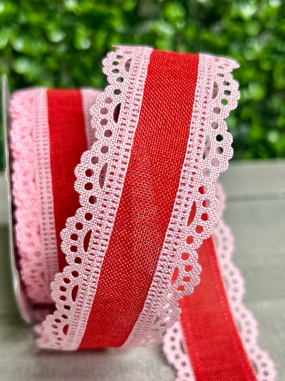 1.5 Inch By 10 Yard Light Pink And Red Lace Edge Royal Burlap Ribbon