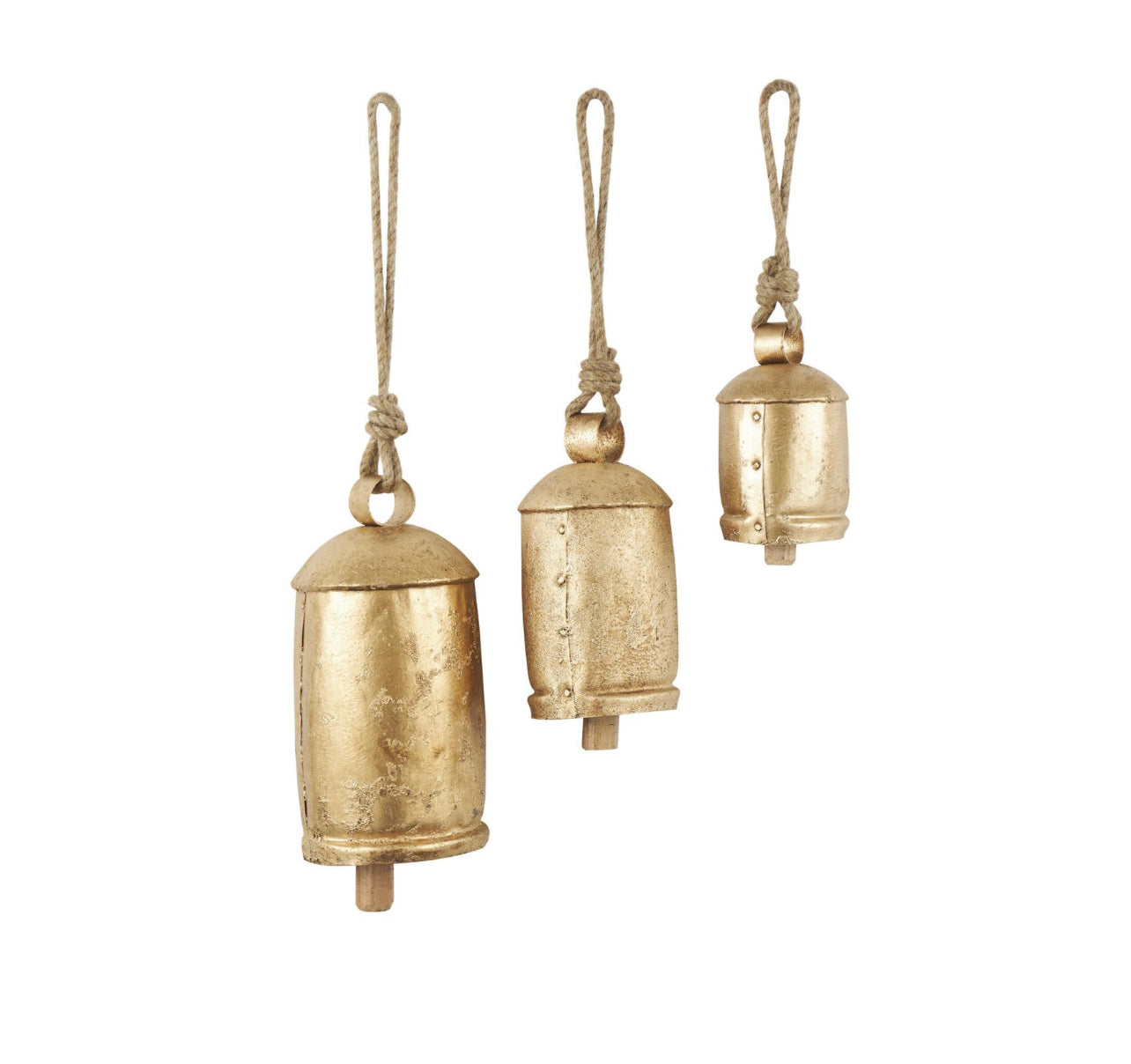 Gold Metal Tibetan Inspired Indoor Outdoor Decorative Cow Bells With Jute Hanging Rope Set of Three