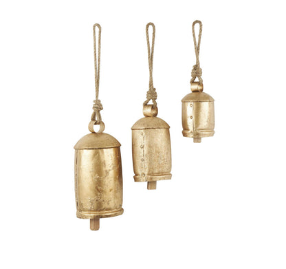 Gold Metal Tibetan Inspired Indoor Outdoor Decorative Cow Bells With Jute Hanging Rope Set of Three