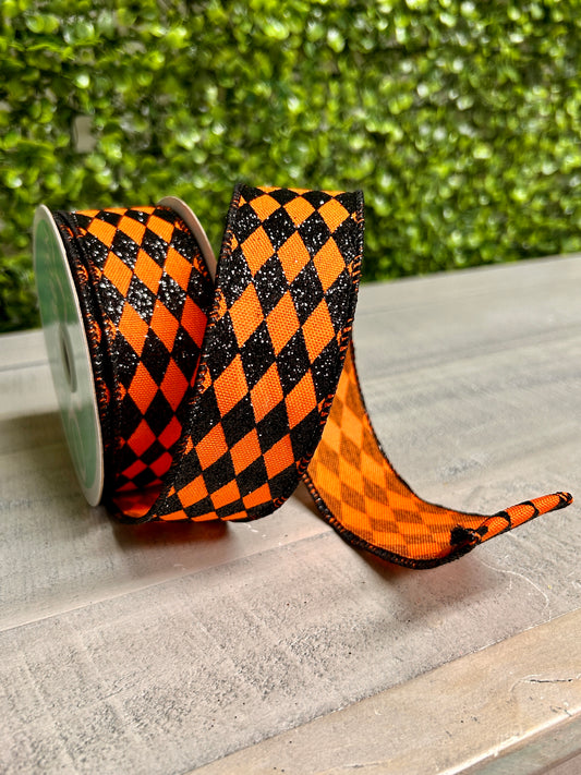 1.5 Inch By 10 Yard Orange And Black Glitter Harlequin Ribbon