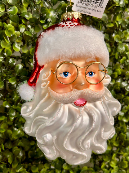 Santa Head With Holly Glass Ornament